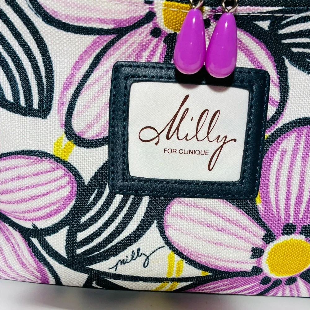 Milly for Clinique Floral Pattern Cosmetic Bag Purple Yellow Navy 5”x9”x6”